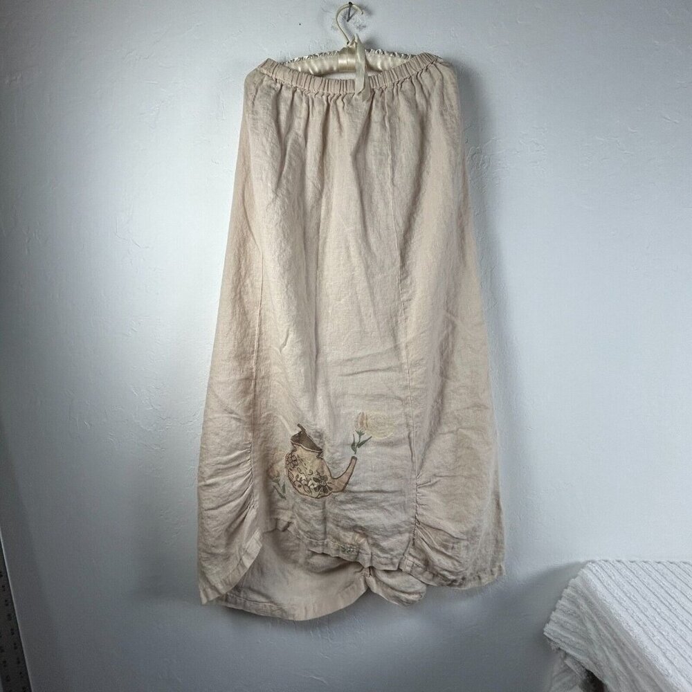Vintage Blue Fish Women's Elastic Waist Maxi Skirt Cream Ruched Linen Size 2
